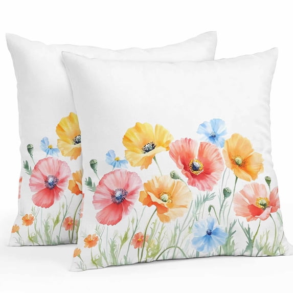 Colorful Poppy Outdoor Pillow Covers Pack of 2 Pink Orange Blue Floral Plant Leaf Waterproof Throw Pillow Covers Decorative Cushion Cases for Patio Garden Tent Balcony Couch 18x18 inch