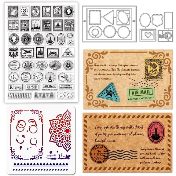 Colorful Postcard Border Clear Stamp Frame Cutting Die PET Paint Craft Template Stencils Set for Card Making and DIY Embossing Scrapbooking Craft Decor