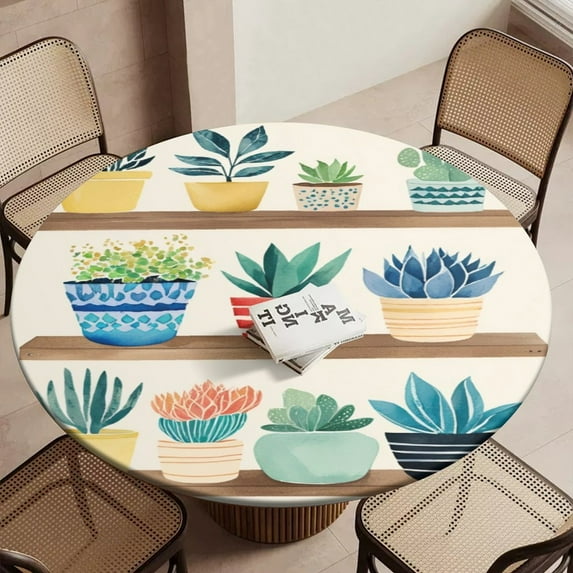 Colorful Potted Plants Art Round Table Cover Kitchen Printed Waterproof Tablecloth Elastic Edged Tablecloth Fits Party Wedding Indoor Outdoor Tables
