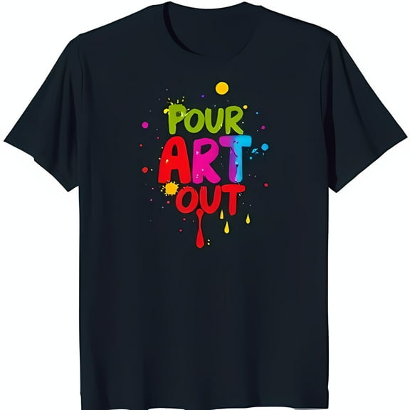 Colorful 'Pour Art Out' Splatter Print on Dark Blue Neck T-Shirt