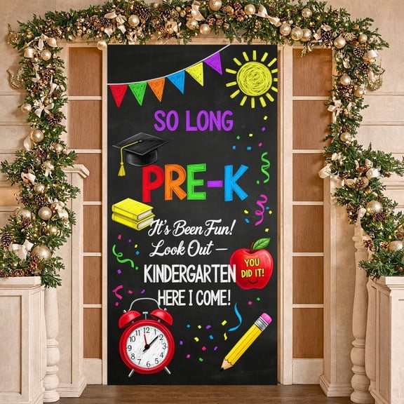 Colorful Pre-K Graduation Banner Chalkboard Preschool Grad Backdrop Vibrant Kindergarten Transition Display for Pre-K Graduation Party Preschool Celebrations Kindergarten Transition Events