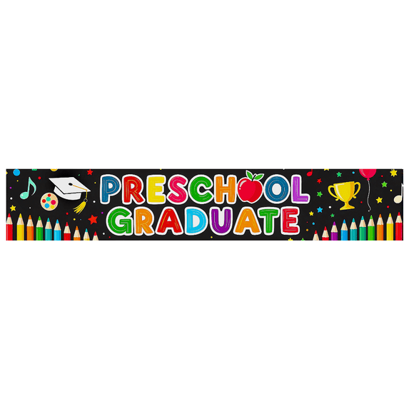 Colorful Preschool Graduation Banner with Grad Cap Pencil Balloon Music Note Elements Backdrop Decoration for Preschool Graduation Party Photography Props Celebration Decorations