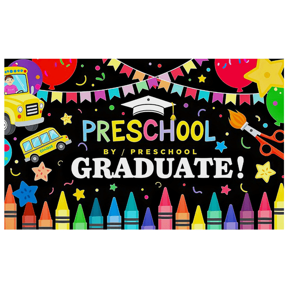 Colorful Preschool Graduation Themed Banner with School Bus Crayons and Party Elements Backdrop Decorations for Preschool Graduation Parties Photography Props Celebration Decor Party Supplies