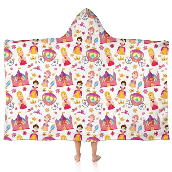 Colorful Princess Castle Carriage Pattern Hooded Bath Towel,50"x30" for Ages 3 To 12 Kids, Quick Dry Lightweight Soft Microfiber Hood Beach Towel Cover Up for Kids