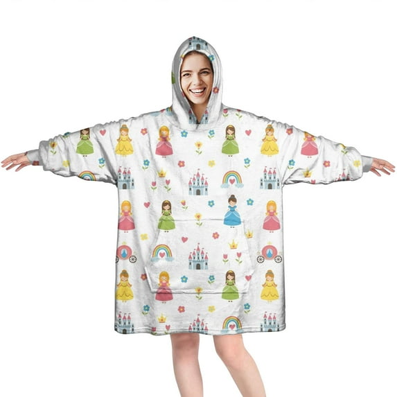 Colorful Princess Castle Pattern Wearable Oversized Blanket,Wearable Blanket Hoodie for Adults,Cozy Hooded Blankets with Super Pockets,Super Warm Fuzzy Pullover for Women & Men
