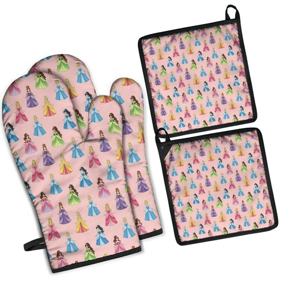 Colorful Princess Pattern Kitchen Oven Mitt and Pot Holder Sets 2 Pcs for Baking, Cooking and Grilling, Heat Resistant Up To 392 °F
