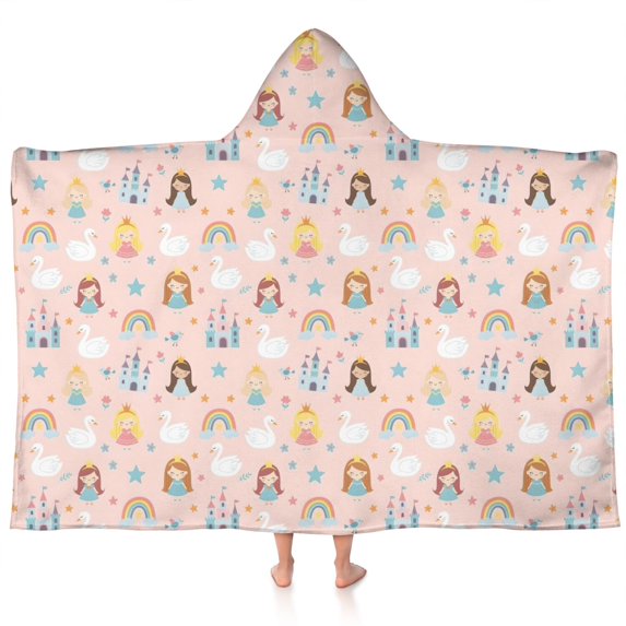Colorful Princess Swan Pattern Hooded Bath Towel,60"x35" for Ages 3 To 12 Kids, Quick Dry Lightweight Soft Microfiber Hood Beach Towel Cover Up for Kids