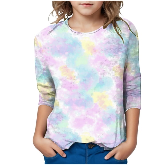 Colorful Print Top for Teen Girl Mid Length Sleeve Shirt Crew Neck Graphic Shirt Trendy Tshirts