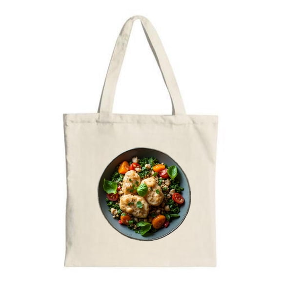Colorful Print Tote Bag - Natural Canvas Featuring Vibrant Dish of Greens Tomatoes & Meatballs on Beige Background - Perfect for Shopping & Travel