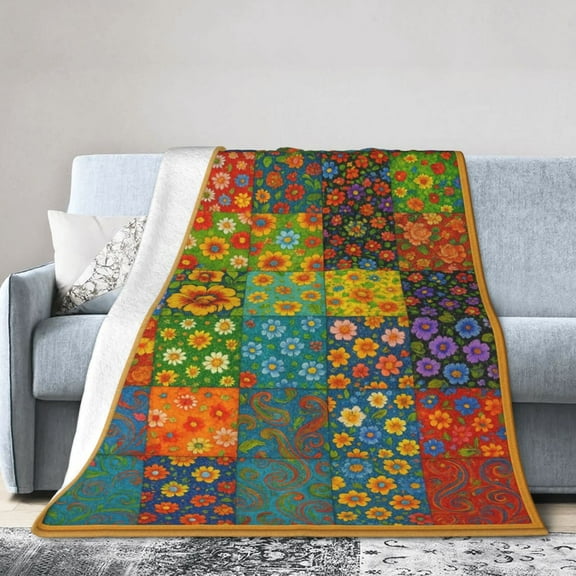 Colorful Printed Patchwork Floral Blanket, Soft Lightweight Throw for Couch and Bed, Multicolor Quilt-Inspired Design, for Women and Teens 60x50