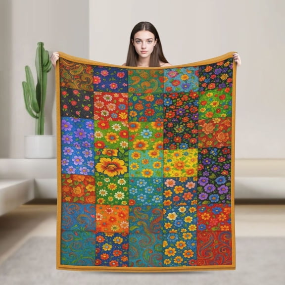 Colorful Printed Patchwork Floral Blanket, Soft Lightweight Throw for Couch and Bed, Multicolor Quilt-Inspired Design, for Women and Teens 80x60