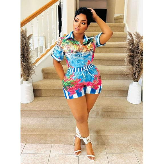 Colorful Printed Shirt & Shorts Sets (S, Blue)