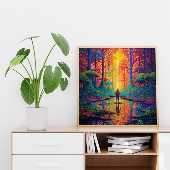 Colorful Psychedelic Forest Hiker Illustration Psychedelic Forest Hiker Poster Wall Art Decor 8x12 UNFRAMED