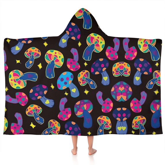 Colorful Psychedelic Mushroom Black Pattern Hooded Bath Towel,50"x30" for Ages 3 To 12 Kids, Quick Dry Lightweight Soft Microfiber Hood Beach Towel Cover Up for Kids