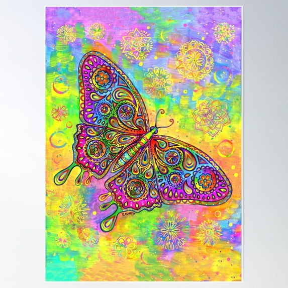 Colorful Psychedelic Rainbow Paisley Bohemian Butterfly Poster Wall Art, Modern Wall Decor For Living Room Bedroom, 16x24 UNFRAMED