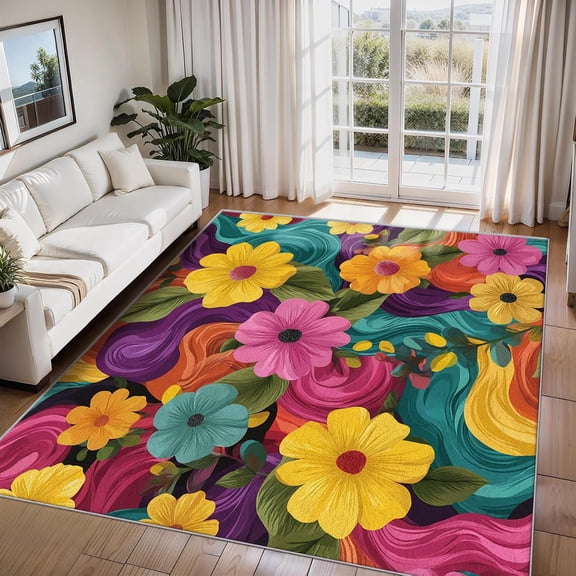 Colorful Psychedelic Swirl Floral Area Rugs, Abstract Retro Carpet, Washable Non Slip Low Pile Soft Rug for Living Room Bedroom Home Decor Mat 3ftx5ft