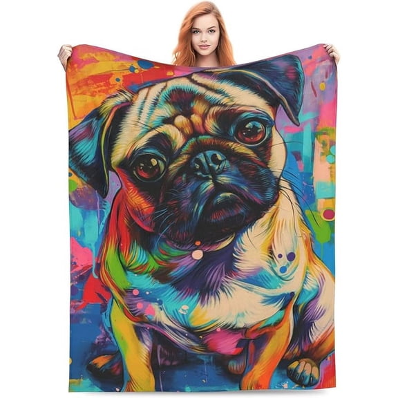 Colorful Pug Blanket Gifts for Kids Girls Boys Pug Lovers Soft Warm Lightweight Cozy Cute Animal Pug Dog Throw Blankets for Bed Sofa Living Room Couch Home Decor 50""x40""