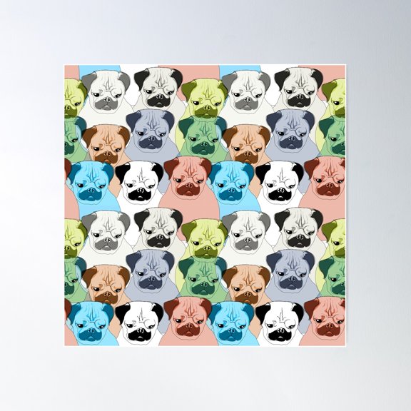 Colorful Pug Design (Funky And Multicolor Surface Pattern) Poster Wall Art, Modern Wall Decor For Living Room Bedroom, 30x30 UNFRAMED
