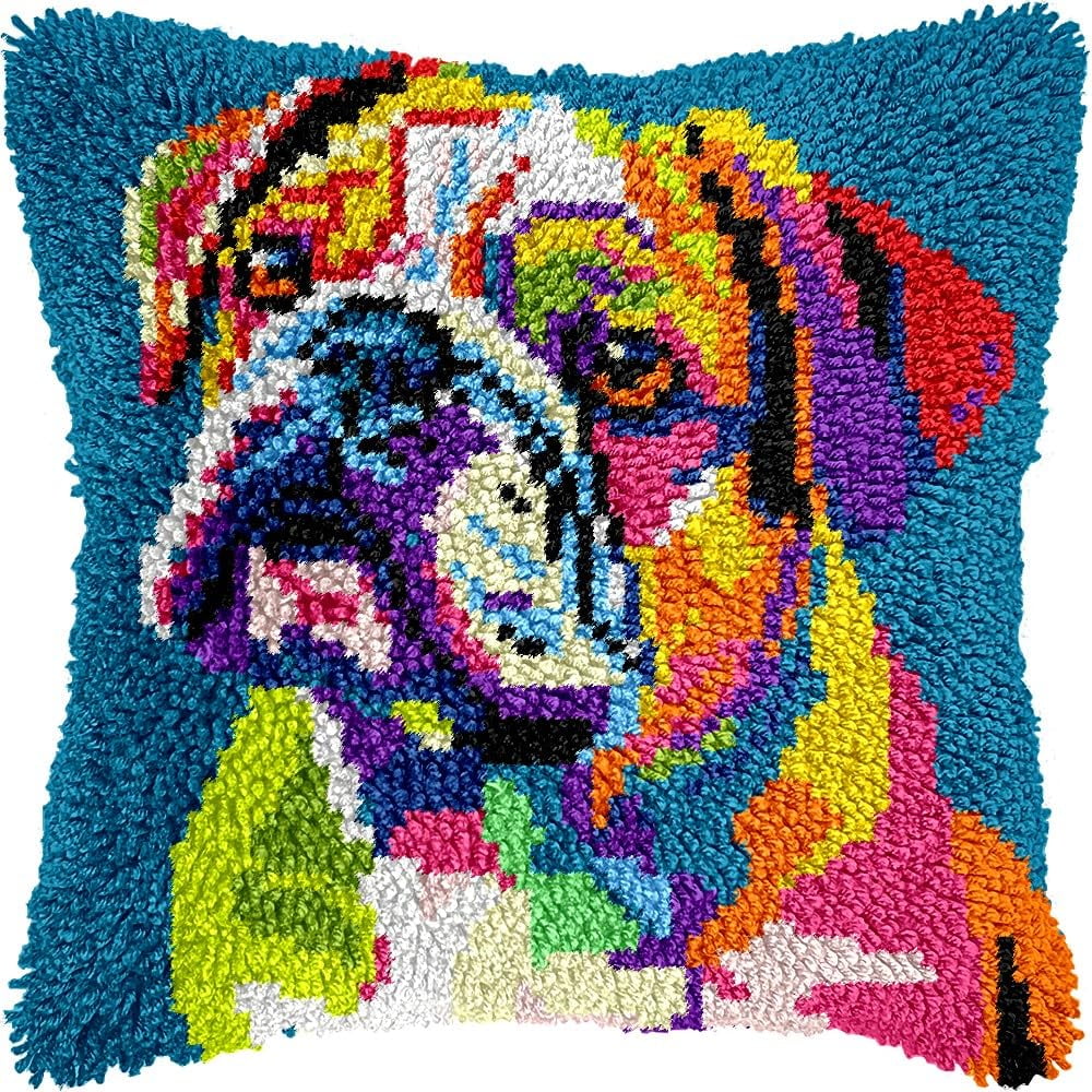 Colorful Pug Dog Latch Hook Pillow Kits for DIY Handmade Throw Pillow Cushion Embroidery Latch Hooking Pillowcase Kits with Preprinted Canvas Crochet Yarn Kits 17''X 17''(g197)