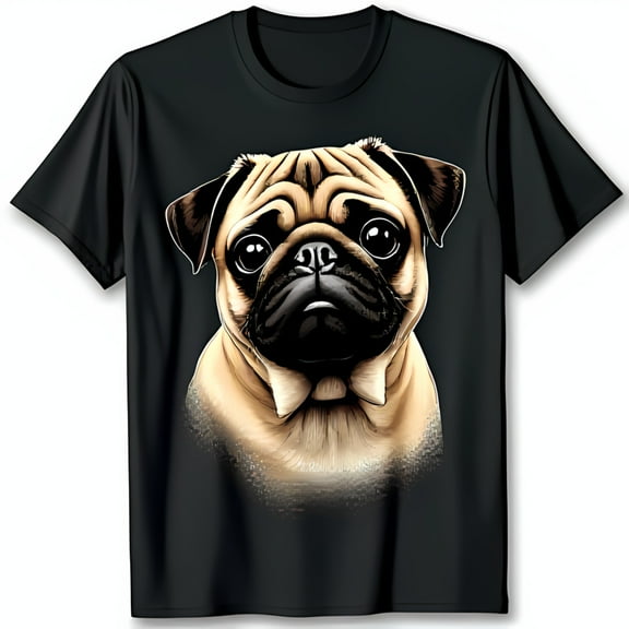 Colorful Pug Graphic Black T-Shirt Detailed Design with Serious Expression