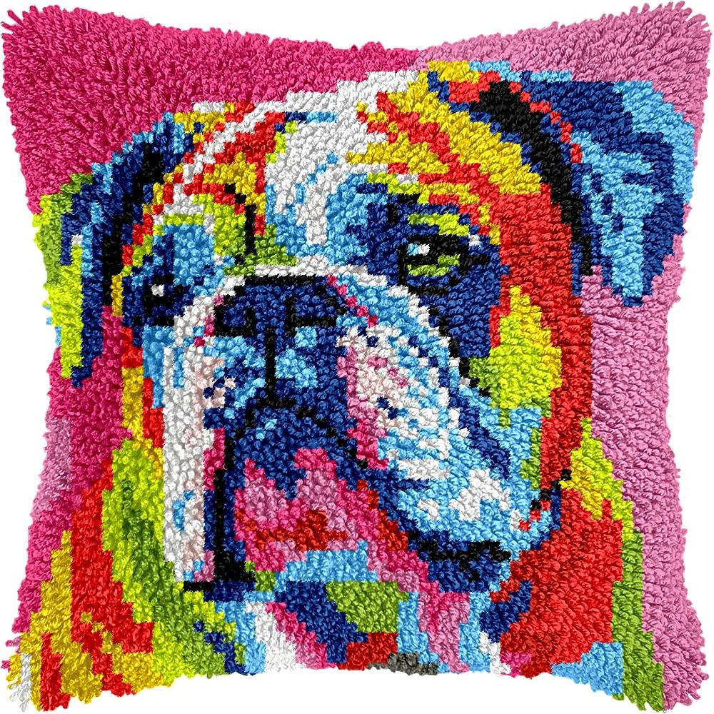 Colorful Pug Latch Hook Pillow Kits for DIY Handmade Throw Pillow Cushion Embroidery Latch Hooking Pillowcase Kits with Preprinted Canvas Crochet Yarn Kits 17''X 17''(g214)