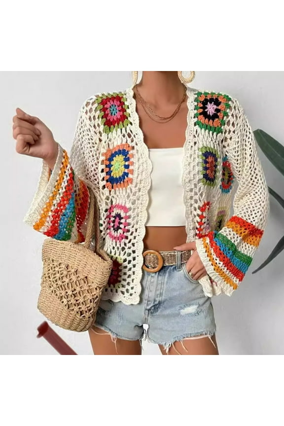 Colorful Pullover Sweaters Jacket Handmade Crochet Knitted Cardigan Sweater For Women Long Sleeved Top Spring Autumn Boho Pull