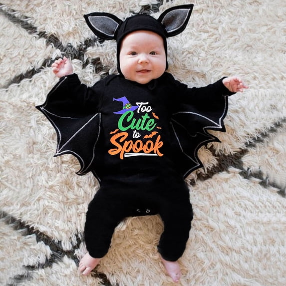 Colorful Pumpkin Bat Halloween Baby Cost-ume Black Winged Romper with Rainbow Print Outfit, 6-9 Months