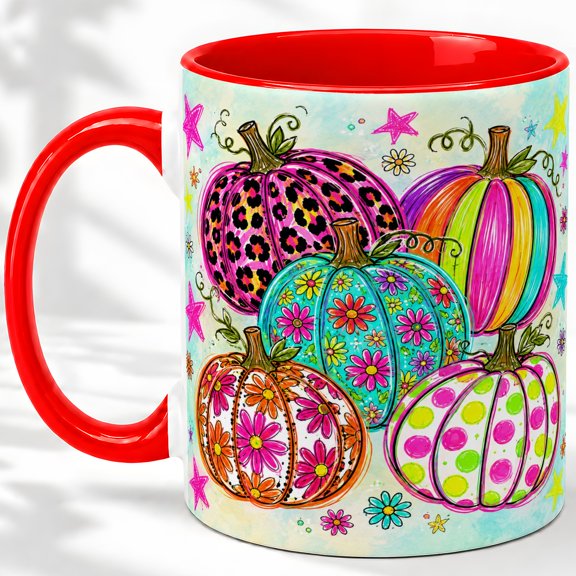 Colorful Pumpkin Pattern Accent Mug, 11oz Ceramic Mug for Fall Fans Glossy ceramic mug with bright double-sided pumpkin artwork for daily coffee or tea