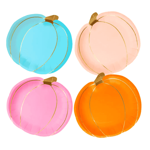 Colorful Pumpkin Shaped Party Plates 8 Pack | Elegant Gold Foil Autumn Plates for Halloween, Thanksgiving, Fall Celebrations & Seasonal Gatherings 9""x8"" Durable Tableware