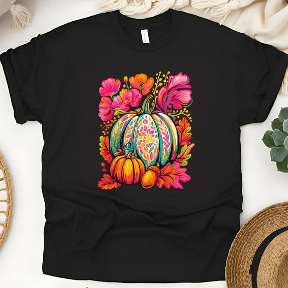Colorful Pumpkin with Flowers Tee | Unisex Autumn Graphic Shirt, Black, Size 3XL