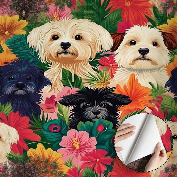 Colorful Puppy Dog Floral Wallpaper Boho Style Self Adhesive and Removable Waterproof Wall Decoration for Living Room Bedroom Bathroom Kitchen Cabinet 17.7 * 118 in