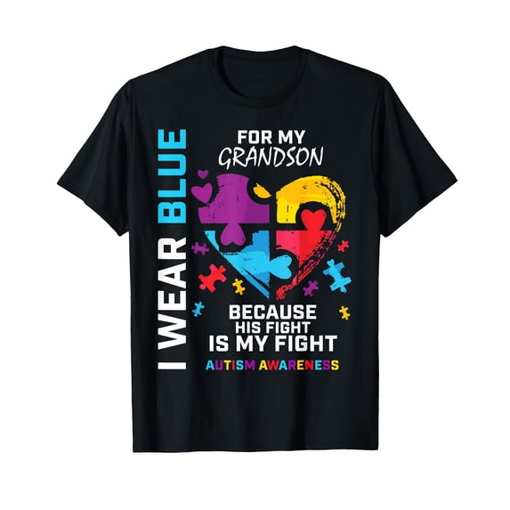 Colorful Puzzle Heart Autism Awareness T-Shirt for Grandparents Supporting Grandson