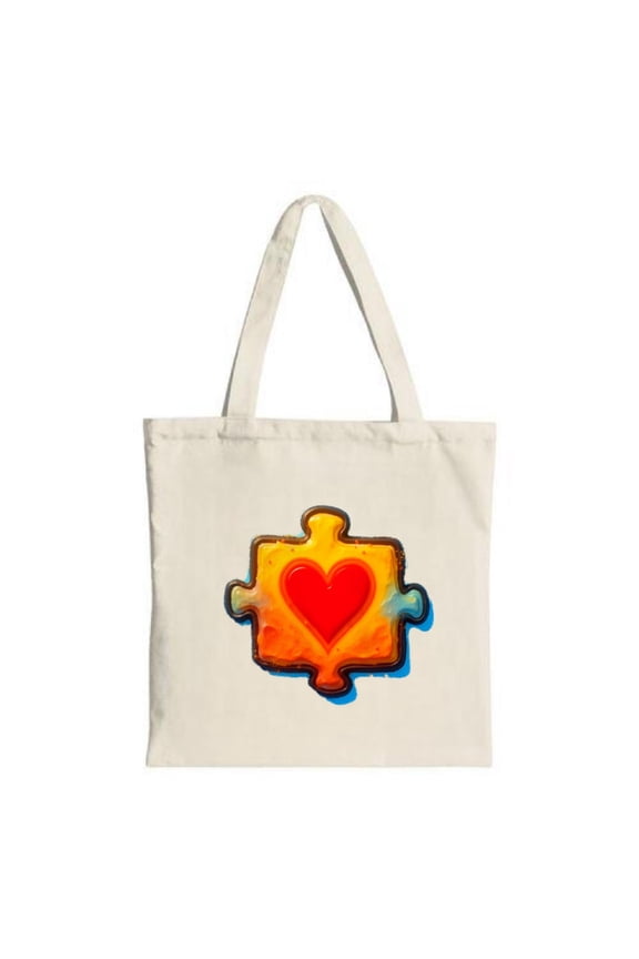 Colorful Puzzle Piece Tote Bag with Heart Design - Cream Canvas Sturdy Handles Perfect for Shopping Travel & Parties