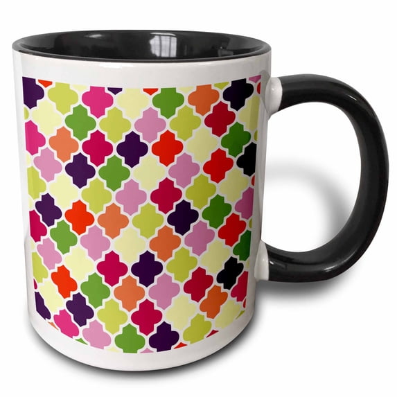 3drose, Colorful Quatrefoil Pattern - Moroccan Lattice - Yellow Orange Red Pink Green Multicolor Clovers, 11oz Two-tone Black Mug