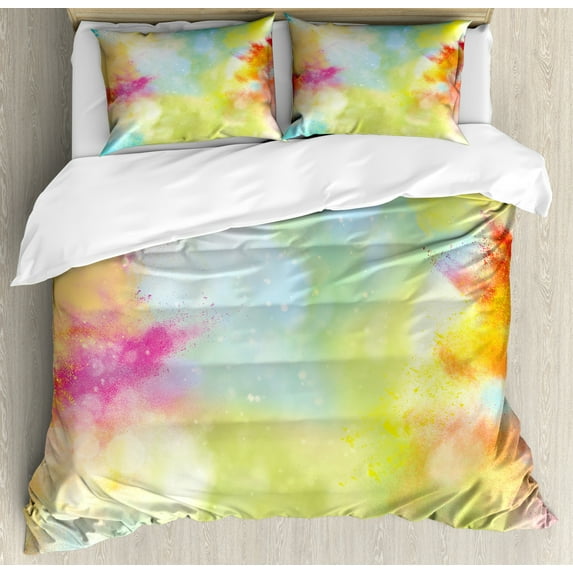 Colorful Queen Size Duvet Cover Set, Cloudy Milky Way Like Blur Smokey Colors Dust Powder Universe Outer Space Print, Decorative 3 Piece Bedding Set with 2 Pillow Shams, Multicolor, by Ambesonne