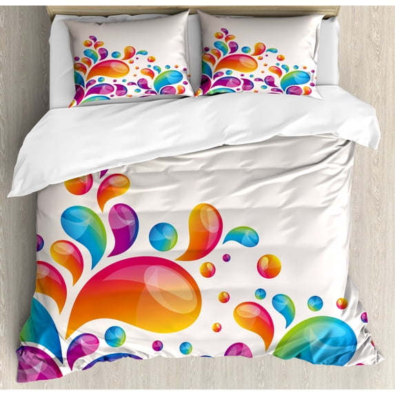 Colorful Queen Size Duvet Cover Set, Cute Raindrops in Different Size in Gradient Colors Abstract Splash Style Design, Decorative 3 Piece Bedding Set with 2 Pillow Shams, Multicolor, by Ambesonne