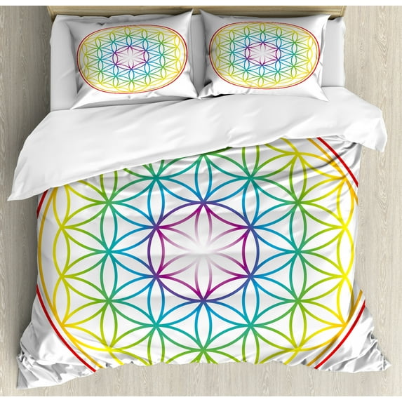 Colorful Queen Size Duvet Cover Set, Flower of Life Pattern Radiant Colors Cosmic Dimension Space Forms Artful Print, Decorative 3 Piece Bedding Set with 2 Pillow Shams, Multicolor, by Ambesonne