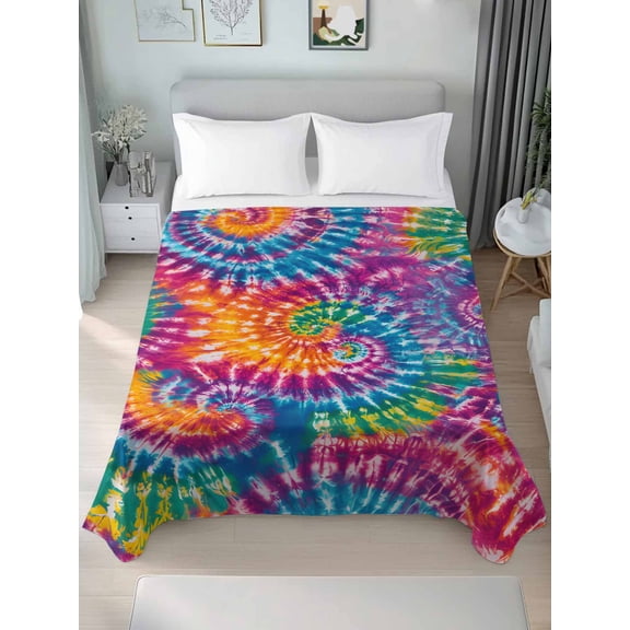 Colorful Queen Size Flat Sheet, Wrinkleproof & Fadeproof Cooling Flat Bed Sheet Only, Ethnic Modern Abstract Watercolor Tie-Dye Breathable Soft Bedding Top Sheets 90 x 102 Inches