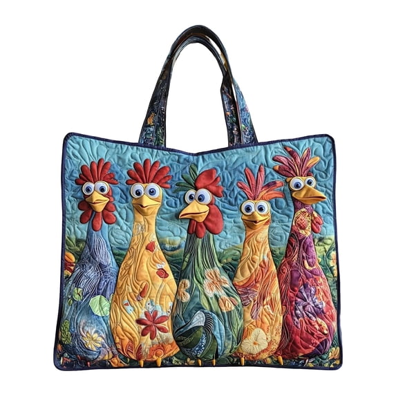 Colorful Quilted Chicken Tote Bag with Whimsical Rooster Patchwork, Spacious Shoulder Carryall for Market, Beach & Daily Use