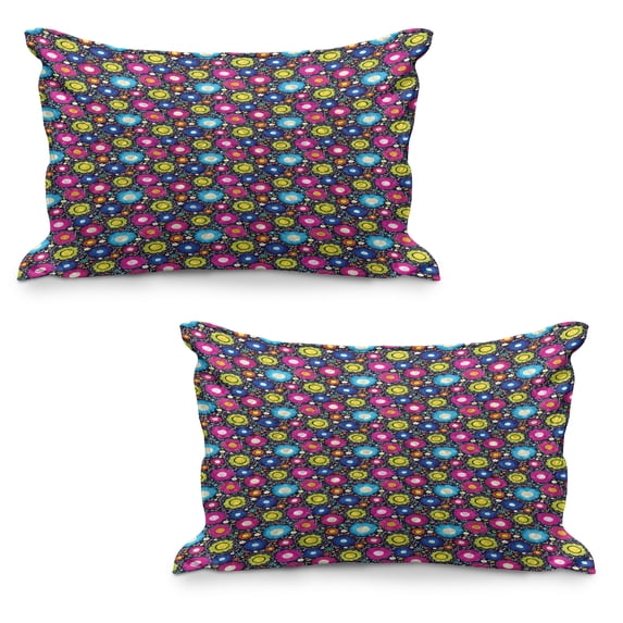 Colorful Quilted Pillowcover Set of 2, Doodle Style Lively Colored Daisy Blooms Cheerful Fun Garden Composition, Standard Queen Size Pillow Cover for Bedroom, 36" x 20", Multicolor, by Ambesonne