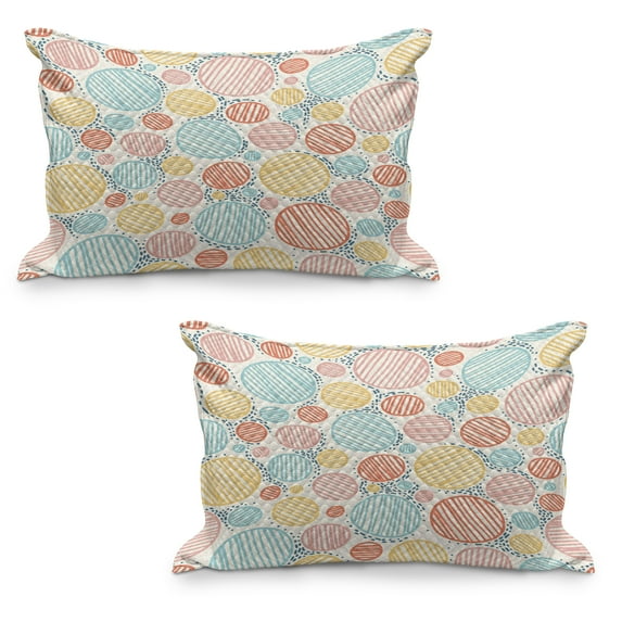 Colorful Quilted Pillowcover Set of 2, Hand Drawn Style Striped Circles and Dots in Pastel Shades Simple Geometrical, Standard Queen Size Pillow Cover for Bedroom, 36" x 20", Multicolor, by Ambesonne