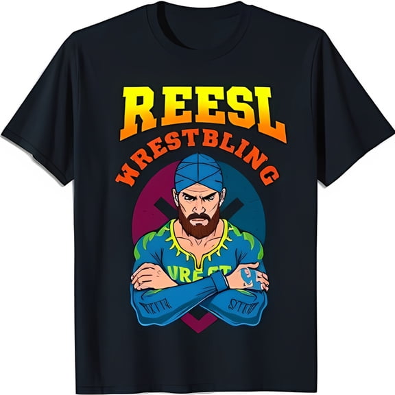 Colorful REESL WRESTBLING T-Shirt Featuring Bearded Wrestler in Blue Turban