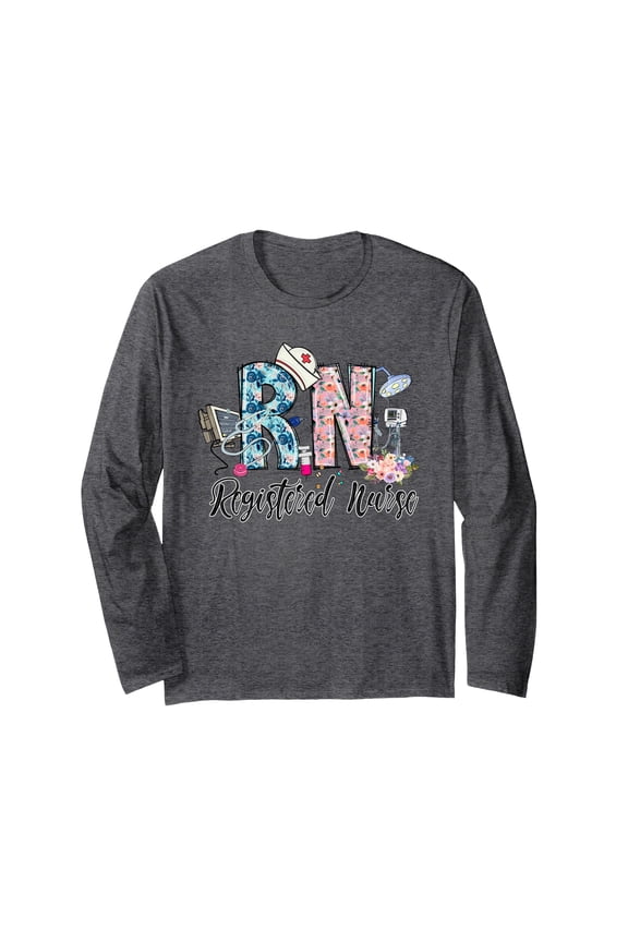 Colorful RN Registered Nurse Long Sleeve T-Shirt for Student Nurses with Medical Graphics