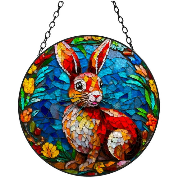 Colorful Rabbit Happy Easter Stained Glass Suncatcher Handmade Window Hangings Colored Glass Suncatcher Crafts Kits for Indoor Garden Christmas Decoration 16x16cm(15)