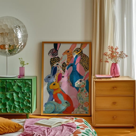 Colorful Rabbit Wall Art Print: Eclectic Maximalist Home Decor | Vibrant Bunny Illustration Canvas for Modern, Boho & Playful Interiors