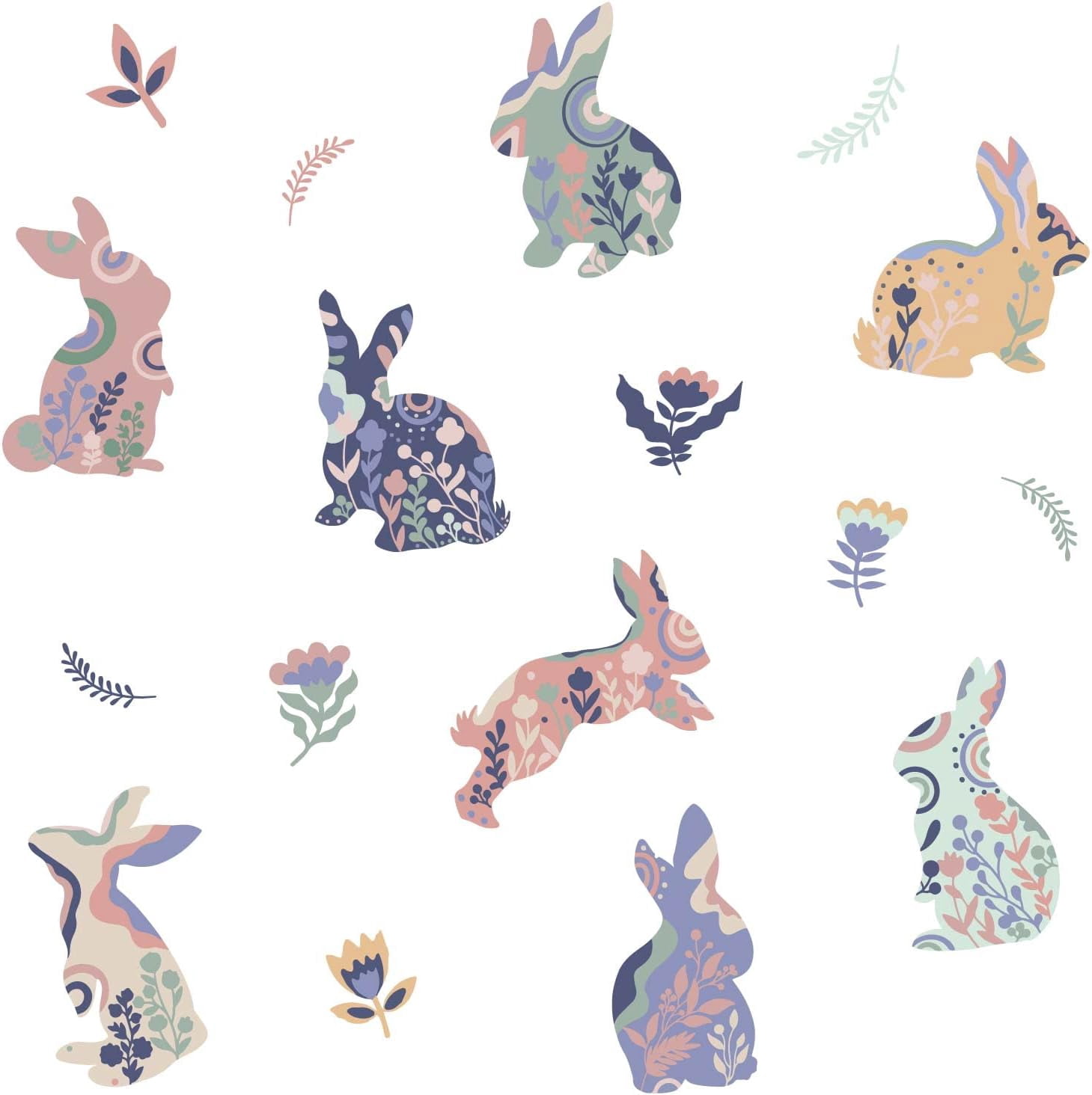 Colorful Rabbits Wall Decals Flowers Plant Wall Stickers Leaves Rainbow ...