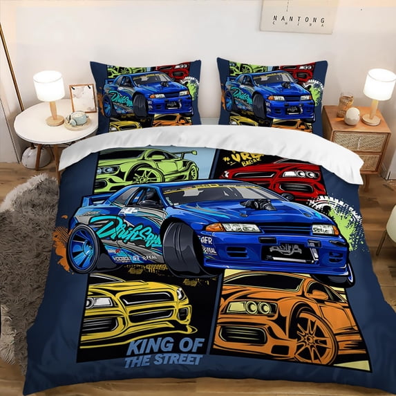Colorful Racing Car Duvet Cover Set, Extreme Sports Theme Bedding Set for Kids Boys,Modern Race Car Duvet Cover,Cool Sports Car Comforter Cover,1 Quilt Cover 2 Pillowcases,3 PCS