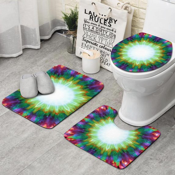 Colorful Radial Tie Dye Pattern Bathroom Rugs Sets 3 Piece,Toilet Cover Set,Absorbent Non Slip Bathroom Mats Sets with U-Shaped Contour Rug Toilet Rug Set