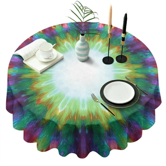 Colorful Radial Tie Dye Pattern Round Tablecloth 60"x60",Wrinkle Wipeable Table Cloth for Kitchen Dining Room Picnic Patio Party