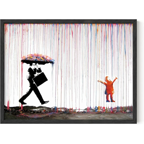 Colorful Rain Graffiti Art Banksy Prints - By Haus & Hues Graffiti Art Wall Decor Banksy Wall Poster Banksy Poster Street Painting Street Art Bansky Art (Framed Black 12x16)